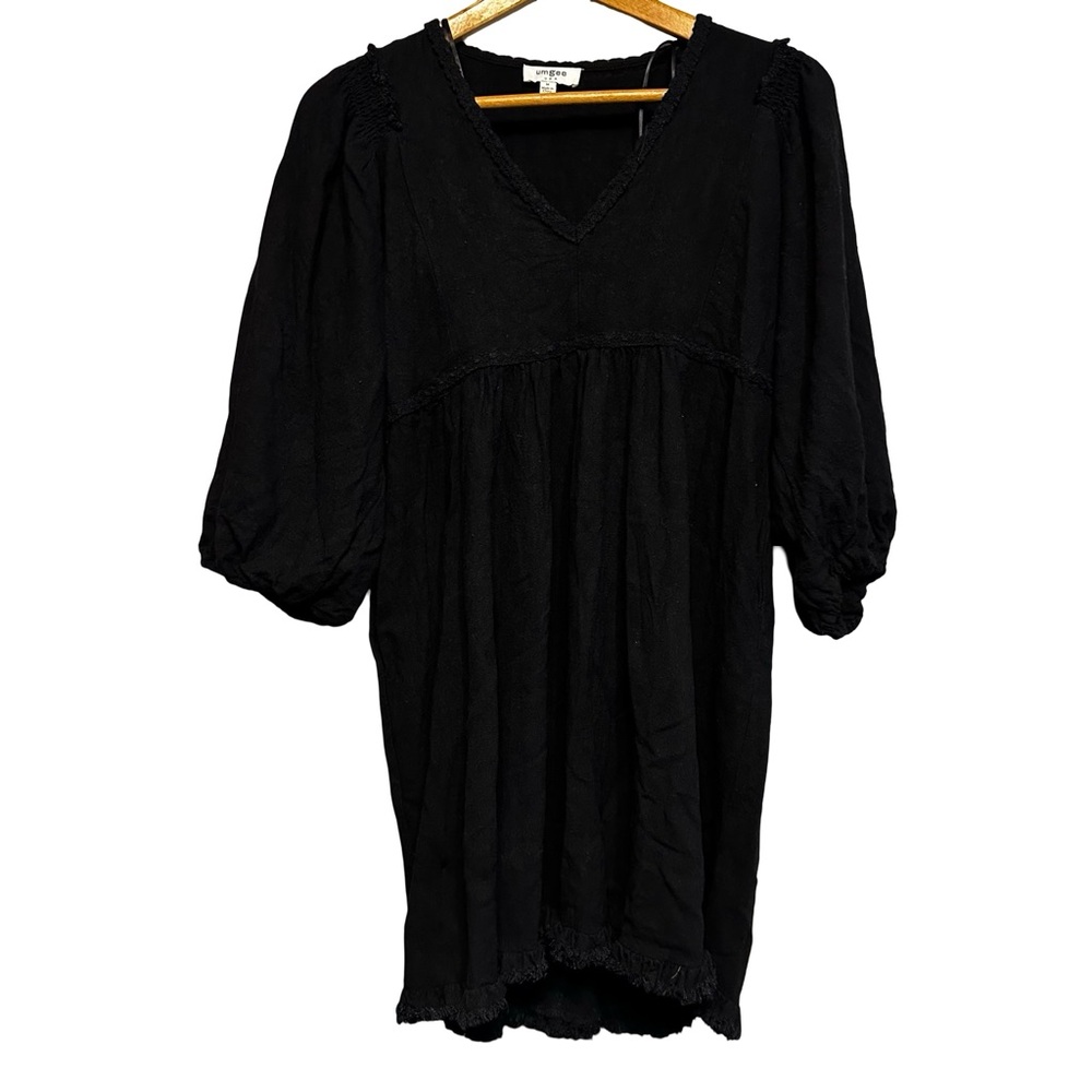 Umgee Black Linen Cotton Babydoll Mini Dress Medium Lace VNeck Boho Chic
